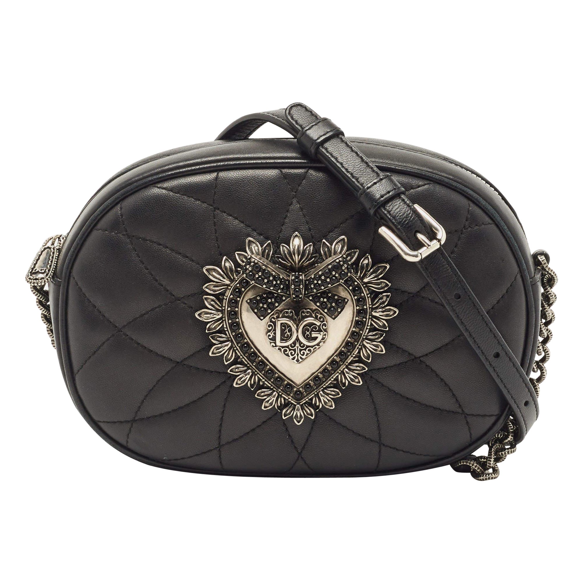 Dolce & Gabbana Black Matelasse Leather Devotion Camera Crossbody Bag