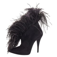 Saint Laurent Black Suede and Feather Zizi Ankle Booties Size 39