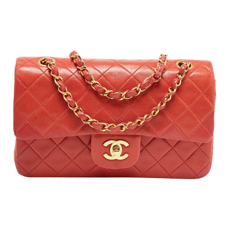 Chanel Red Quilted Lambskin Leather Small Classic Double Flap Bag