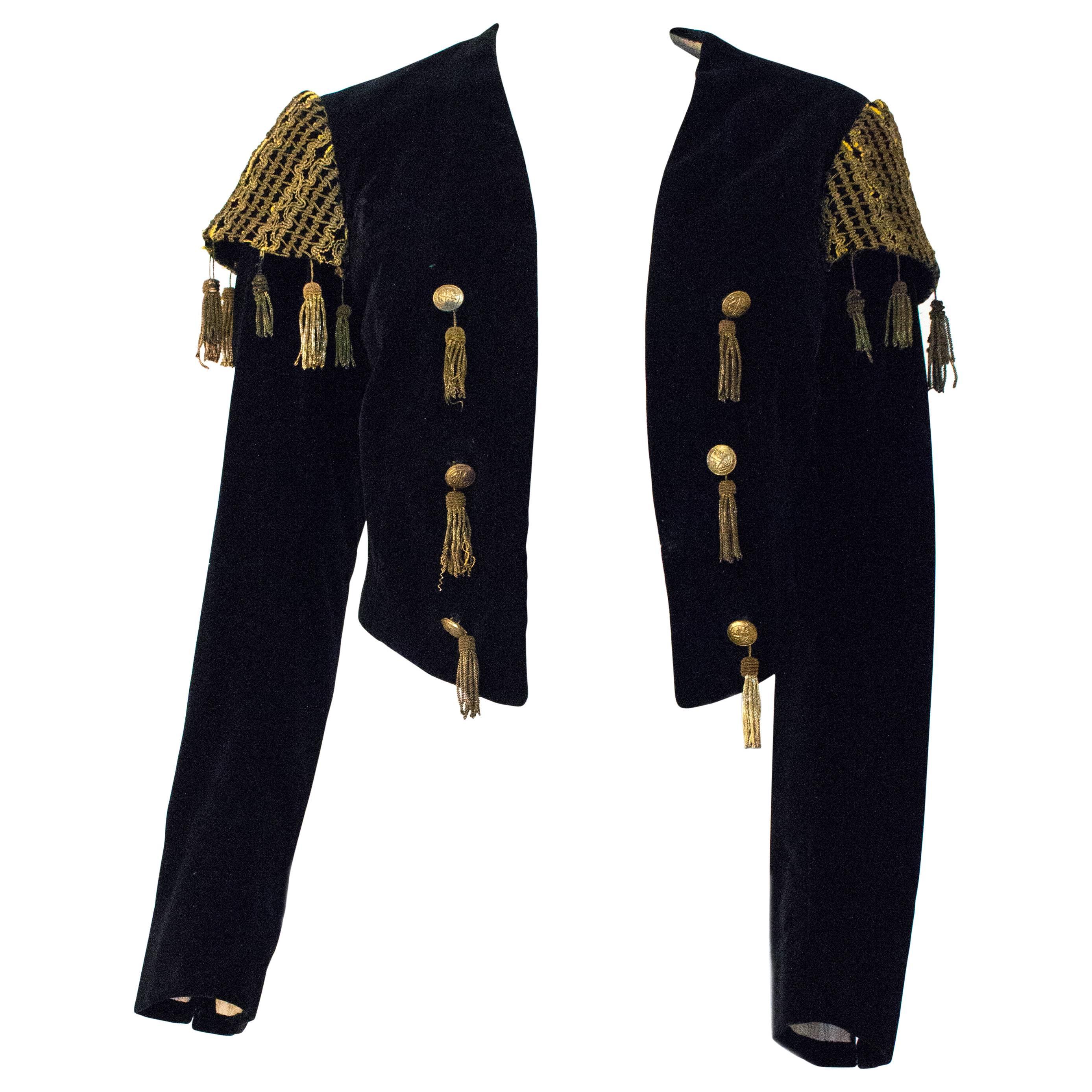20s Black Velvet Matador Bolero Jacket with Gold Metal Tassels & Embroider