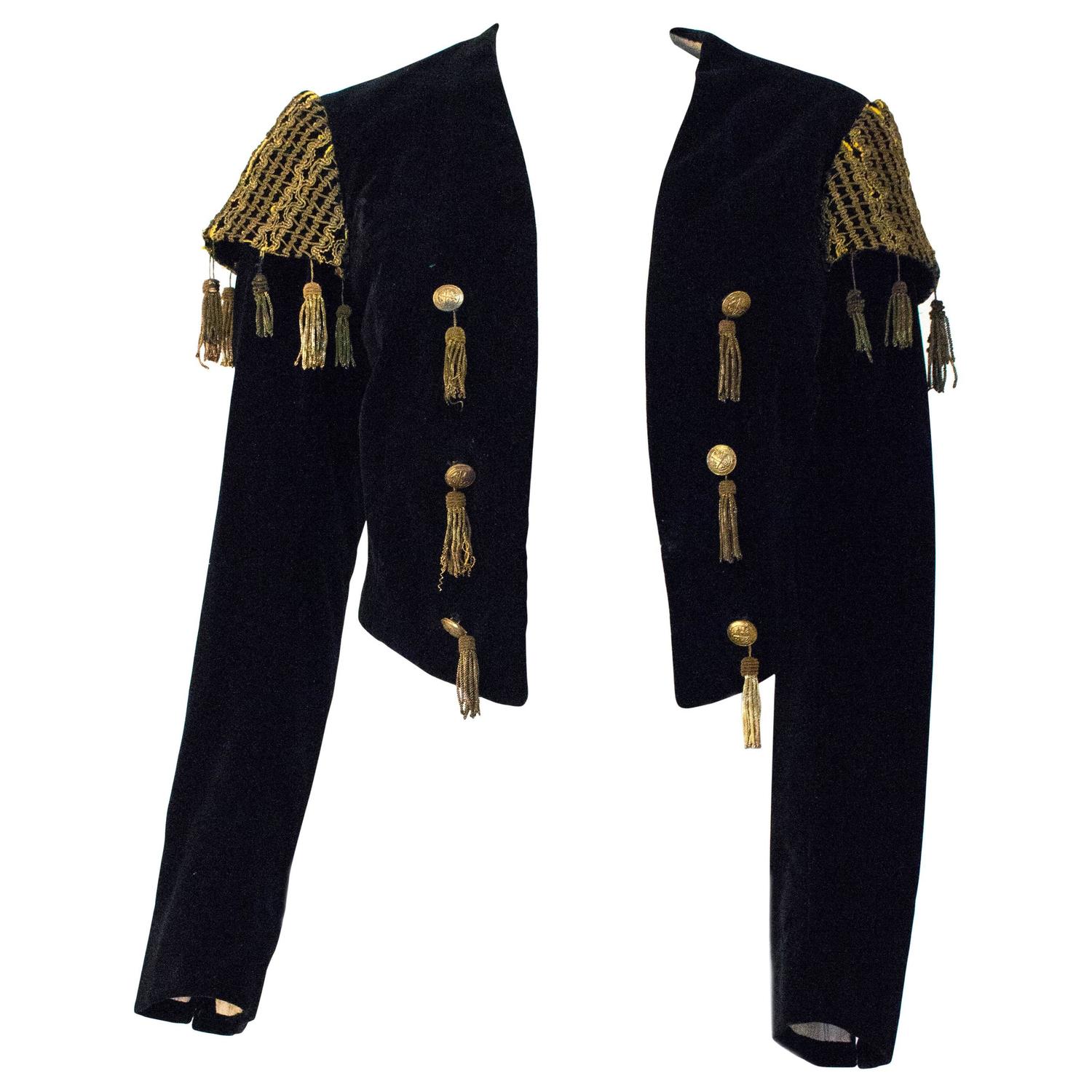 20s Black Velvet Matador Bolero Jacket with Gold Metal Tassels and Embroider For Sale at 1stdibs