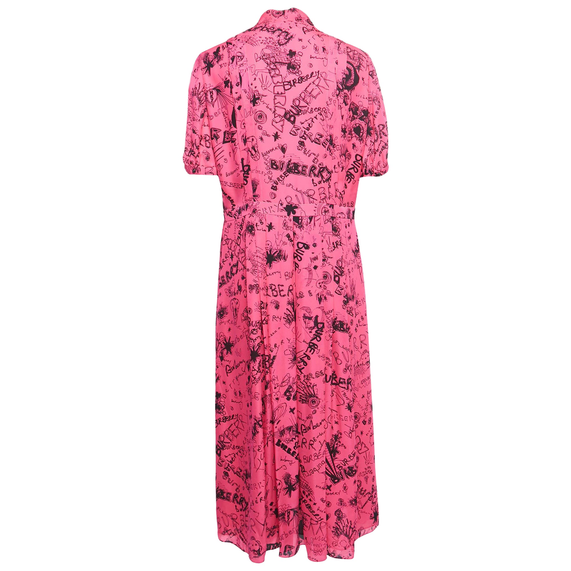 Burberry Pink Antonina Doodle Print Silk Neck Tie Detail Midi Dress L