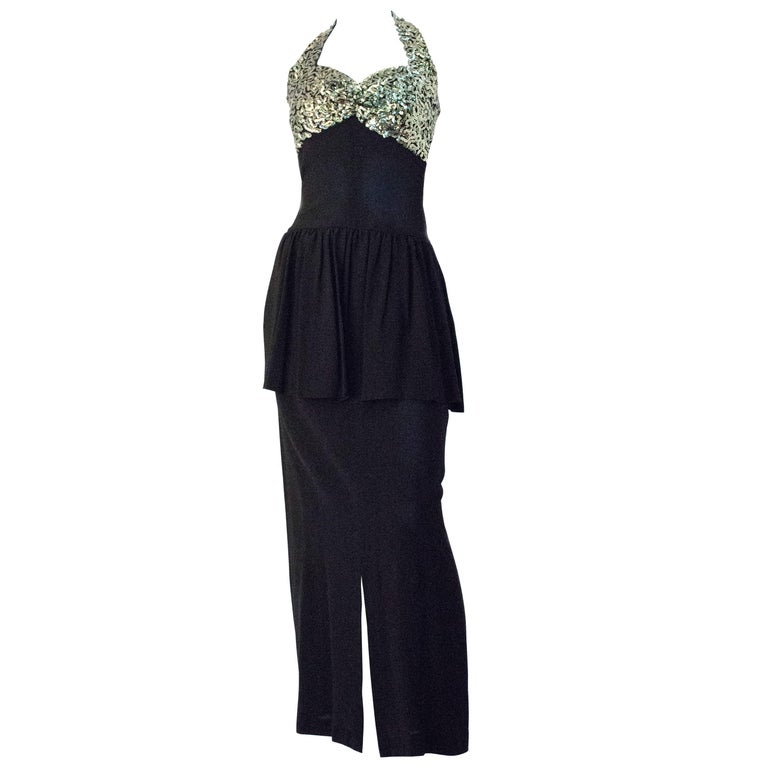 40s Black Crepe Halter Evening Gown with Green Sequined Embellishment ...