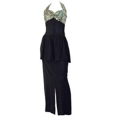 40s Black Crepe Halter Evening Gown with Green Sequined Embellishment on Bodice 11