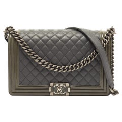 Chanel Grey Caviar Quilted Leather Silver Tone Metal Small Boy Flap Bag  A67085 at 1stDibs