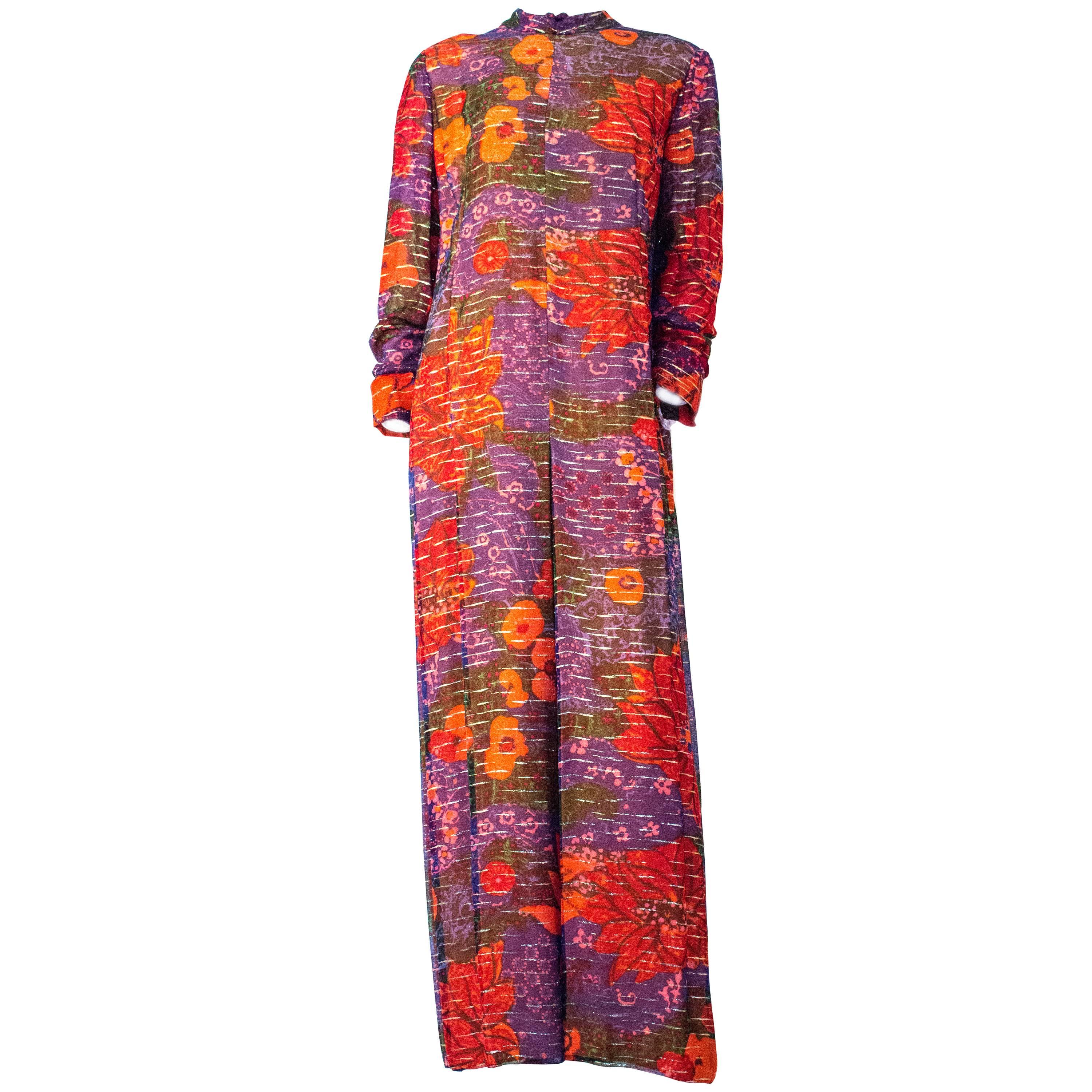 60s Purple & Orange Pauline Trigere Floral Long Sleeve Silk Chiffon Dress