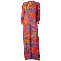 60s Purple & Orange Pauline Trigere Floral Long Sleeve Silk Chiffon Dress 12