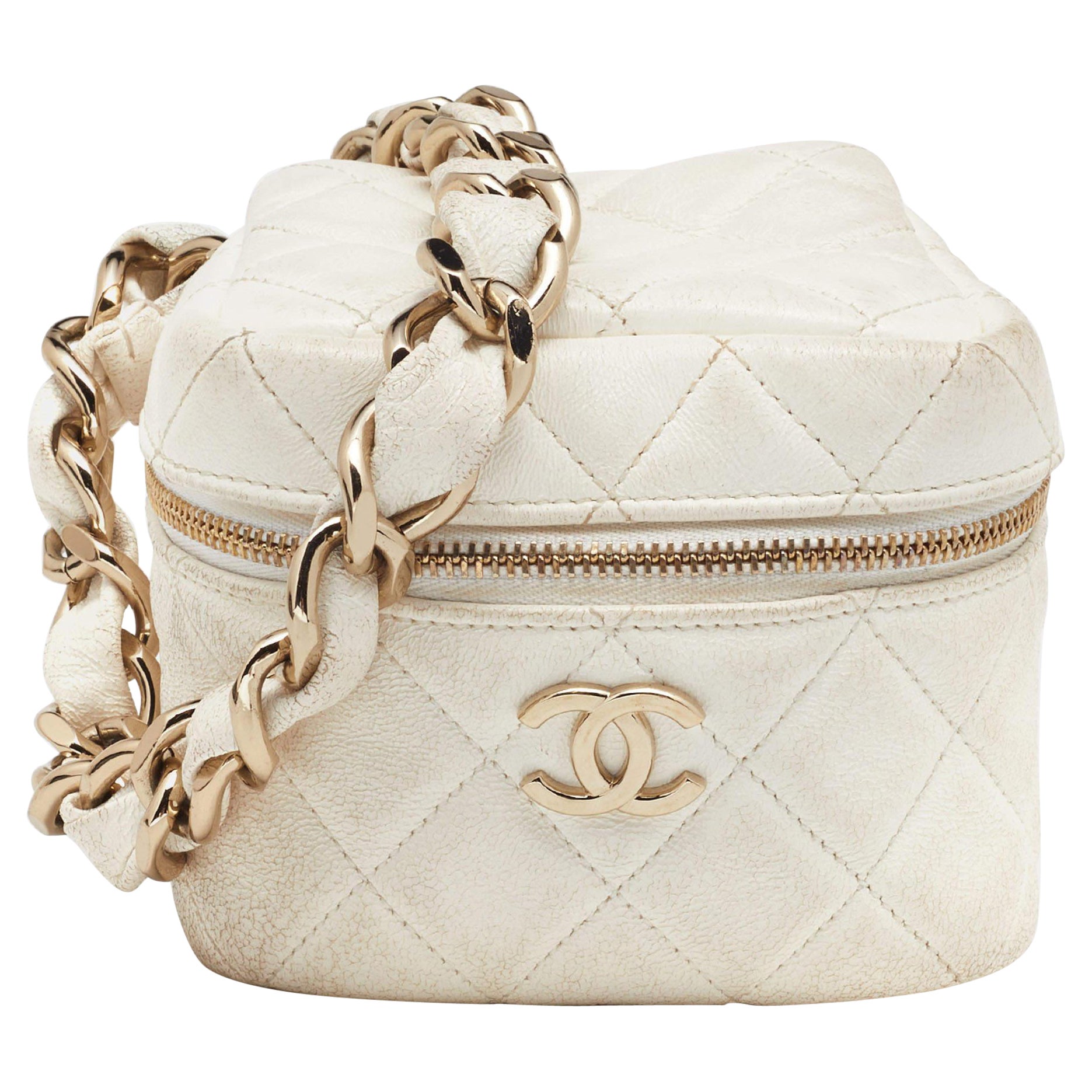 Chanel White Quilted Leather Vanity Case Wristlet Pouch at 1stDibs