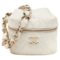 Chanel White Quilted Leather Vanity Case Wristlet Pouch