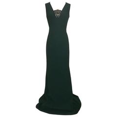 Alexander McQueen New Dark Green Lace Detail Sleeveless Silk Gown 