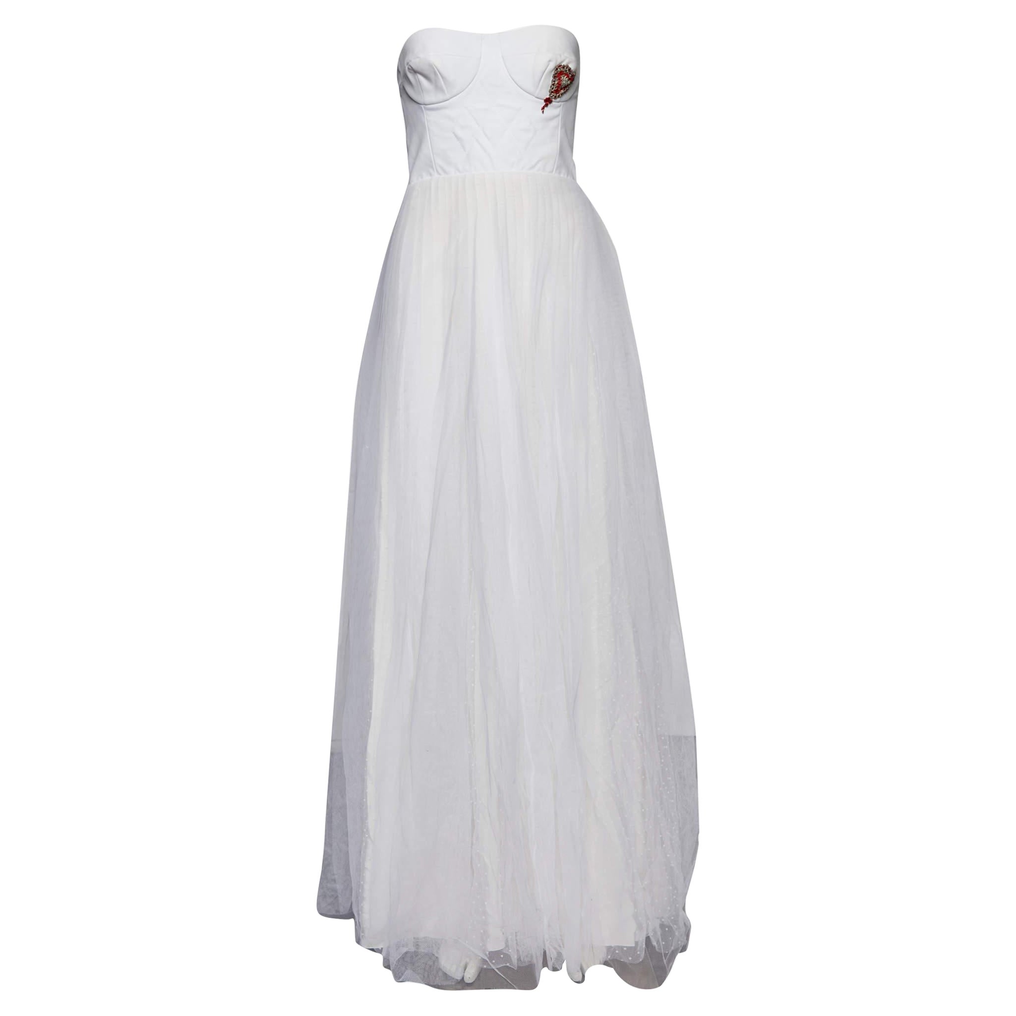 Christian Dior White Silk Bustier Heart Embroidered Bustier Tulle Gown S