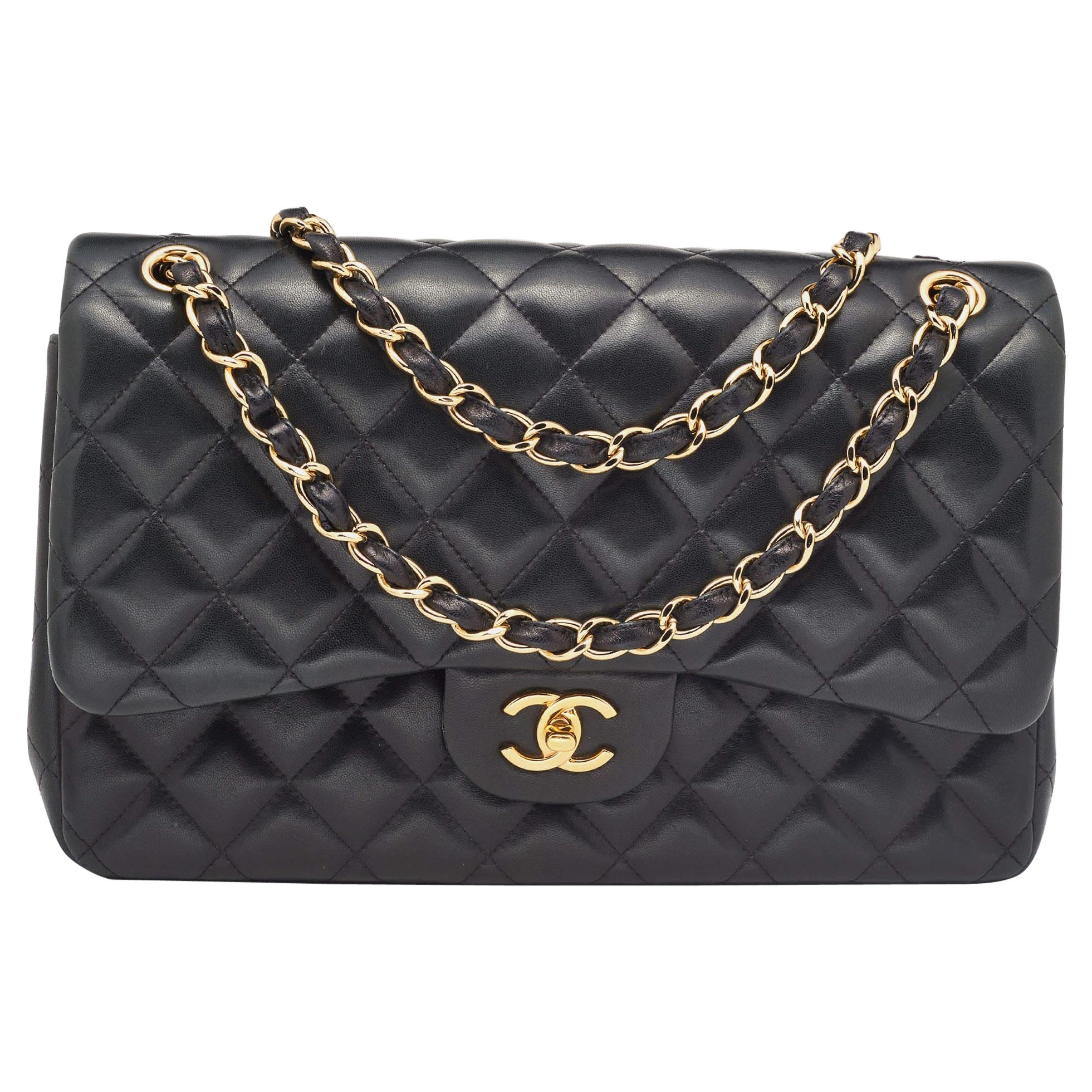 Chanel Black Quilted Leather Jumbo Classic Double Flap Bag For Sale at ...