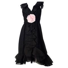 60s Shannon Rodgers Black Ruffled Cocktail Dress with Pink Silk Flower 