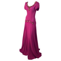 40s Magenta Bias Cut Crepe Gown with Sequined Appliqué  