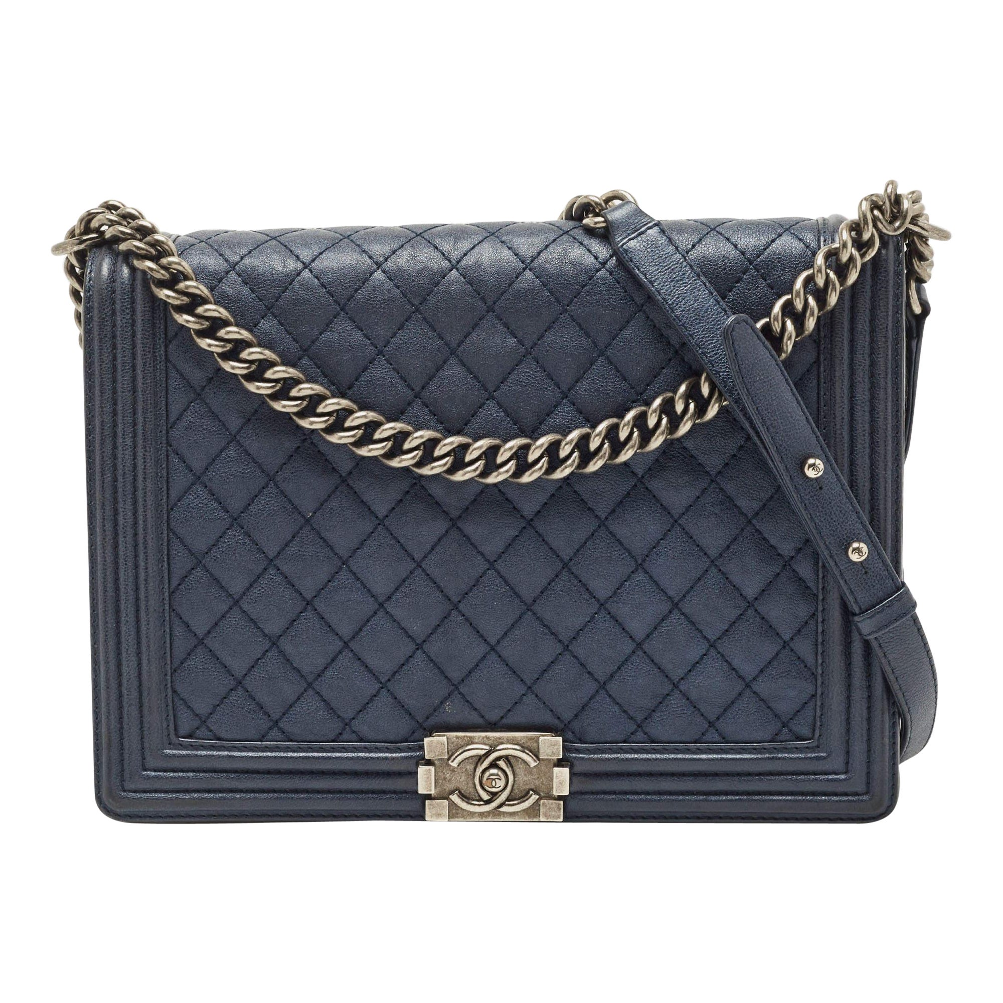 Chanel Navy Blue Quilted Leather Large Boy Flap Bag For Sale at 1stDibs