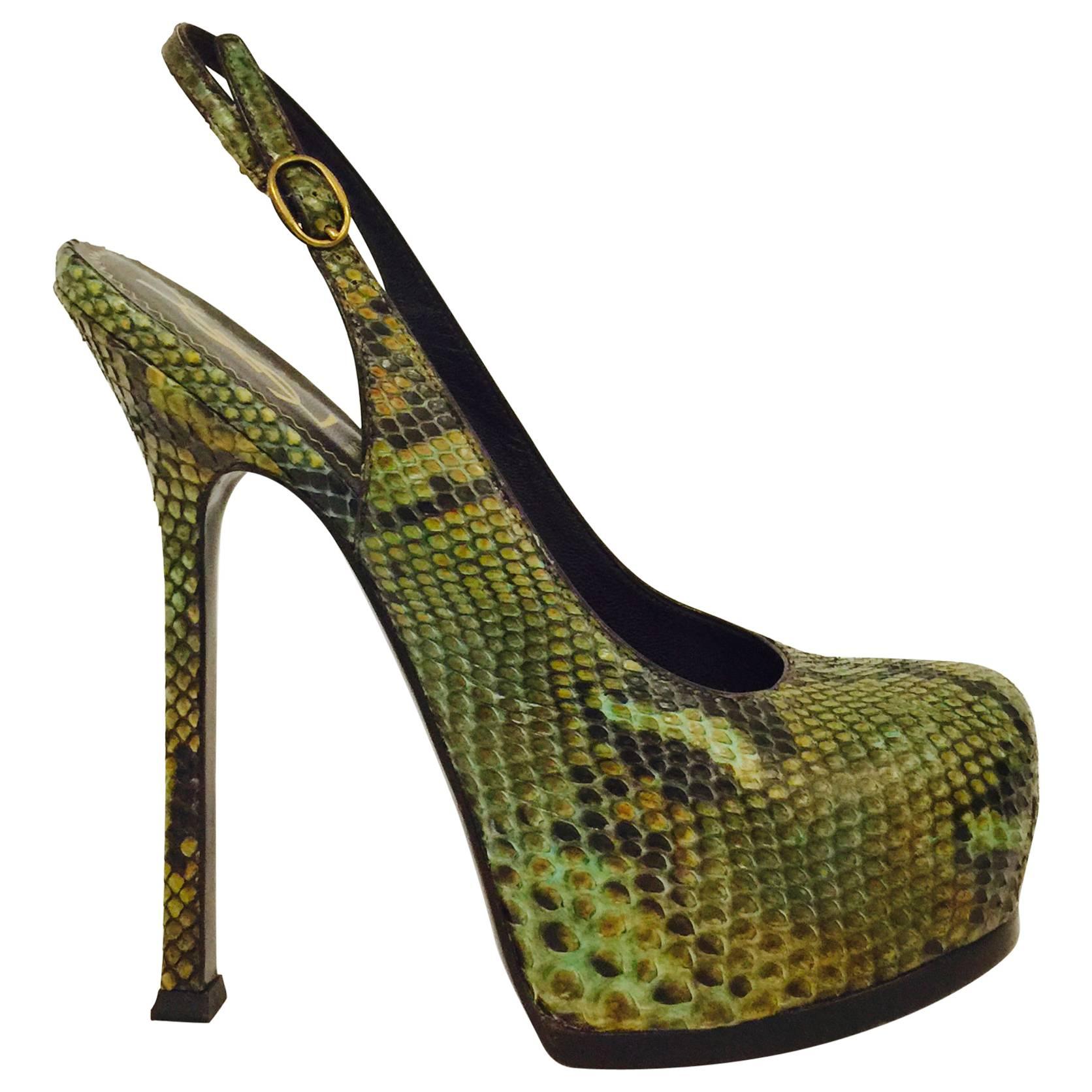 YSL Multicolor Snakeskin Platform Sling Back High Heels 