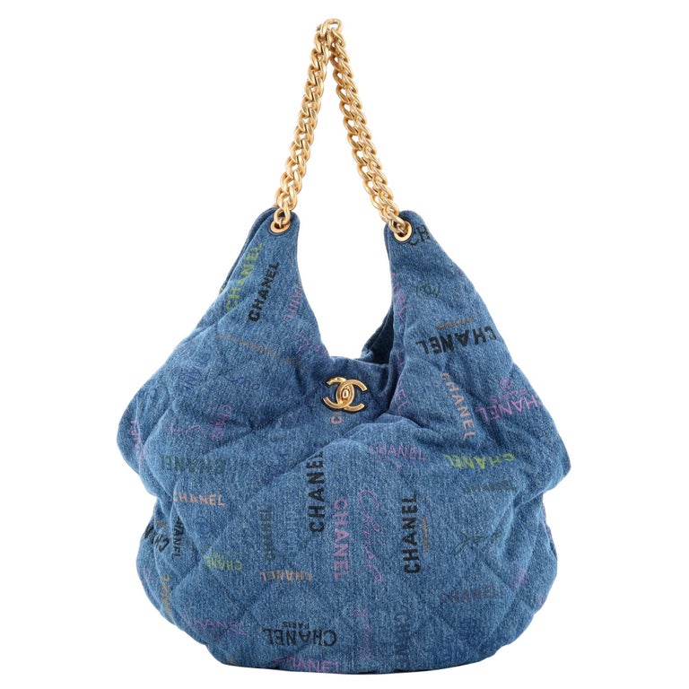 Chanel Denim Mood Hobo Logo Printed Quilted Denim Maxi For Sale at