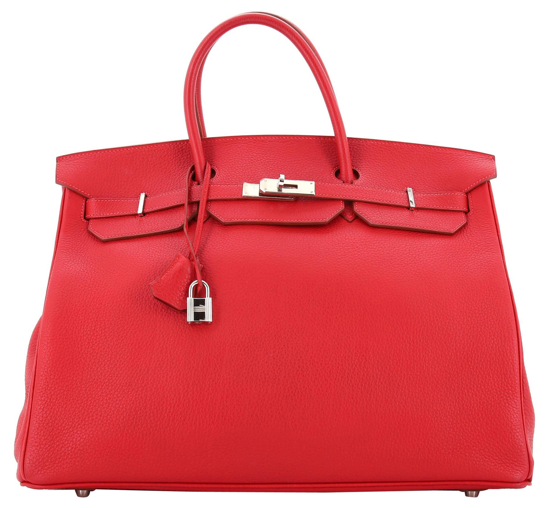 Hermes Birkin Handbag Rouge Vif Fjord with Palladium Hardware 40 For Sale