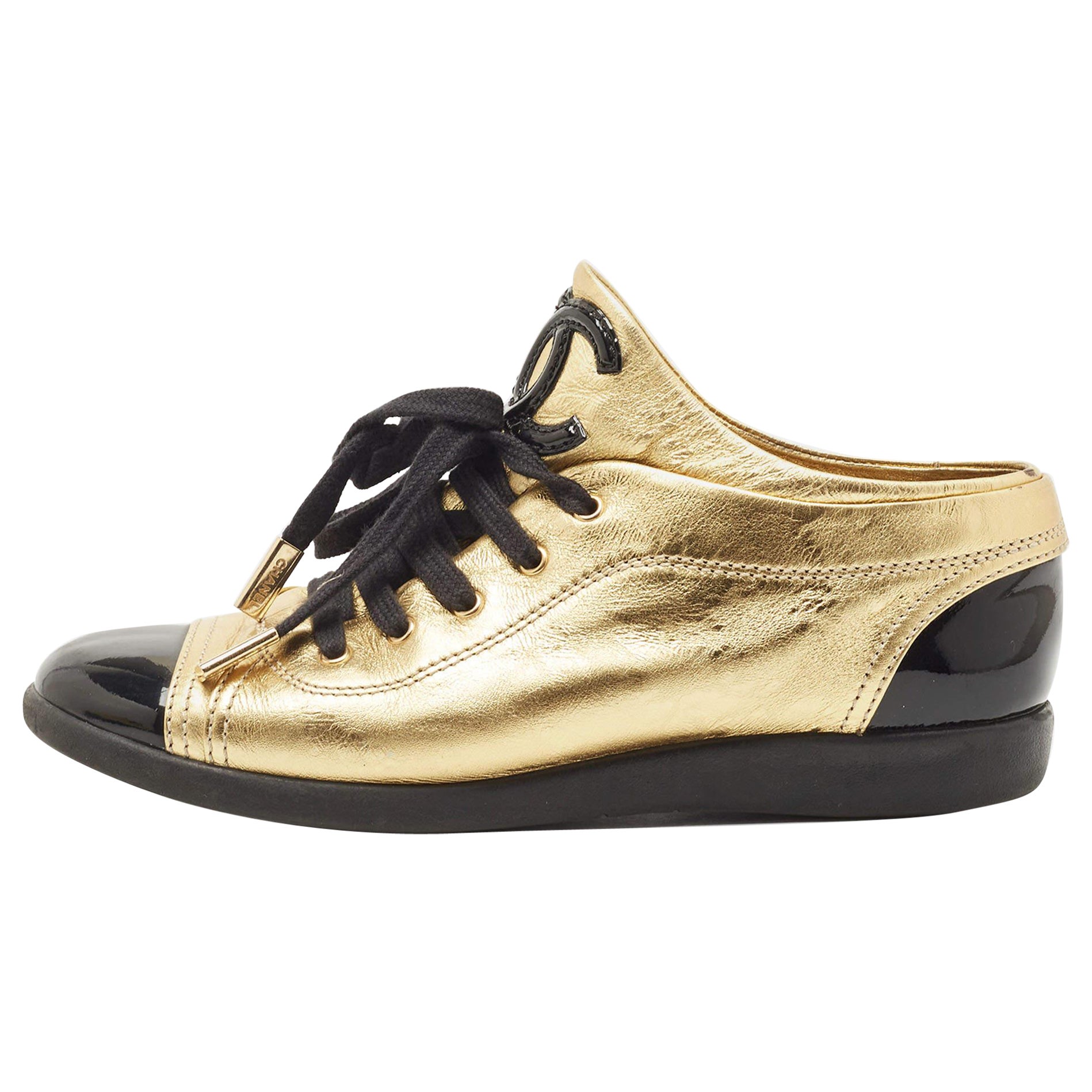 Chanel Gold/Black Patent And Leather Cap Toe Sneakers Size 37 For Sale