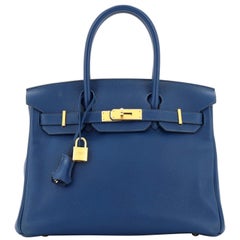 Sac à main Hermès Birkin Novillo bleu profond avec quincaillerie dorée 30