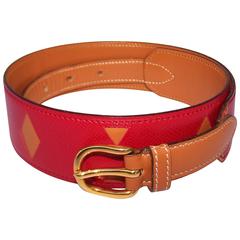 Two Tone 1988 Hermes Rouge Casaque & Gold Camel Leather Cut Work Belt