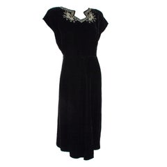 Pre-War Black Velvet Art Deco Bead and Rhinestone Cocktail Dress – L, 1940s