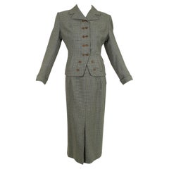 French Blue and Brown Houndstooth Cutaway Suit with Novelty Buttons – S-M, 1940s