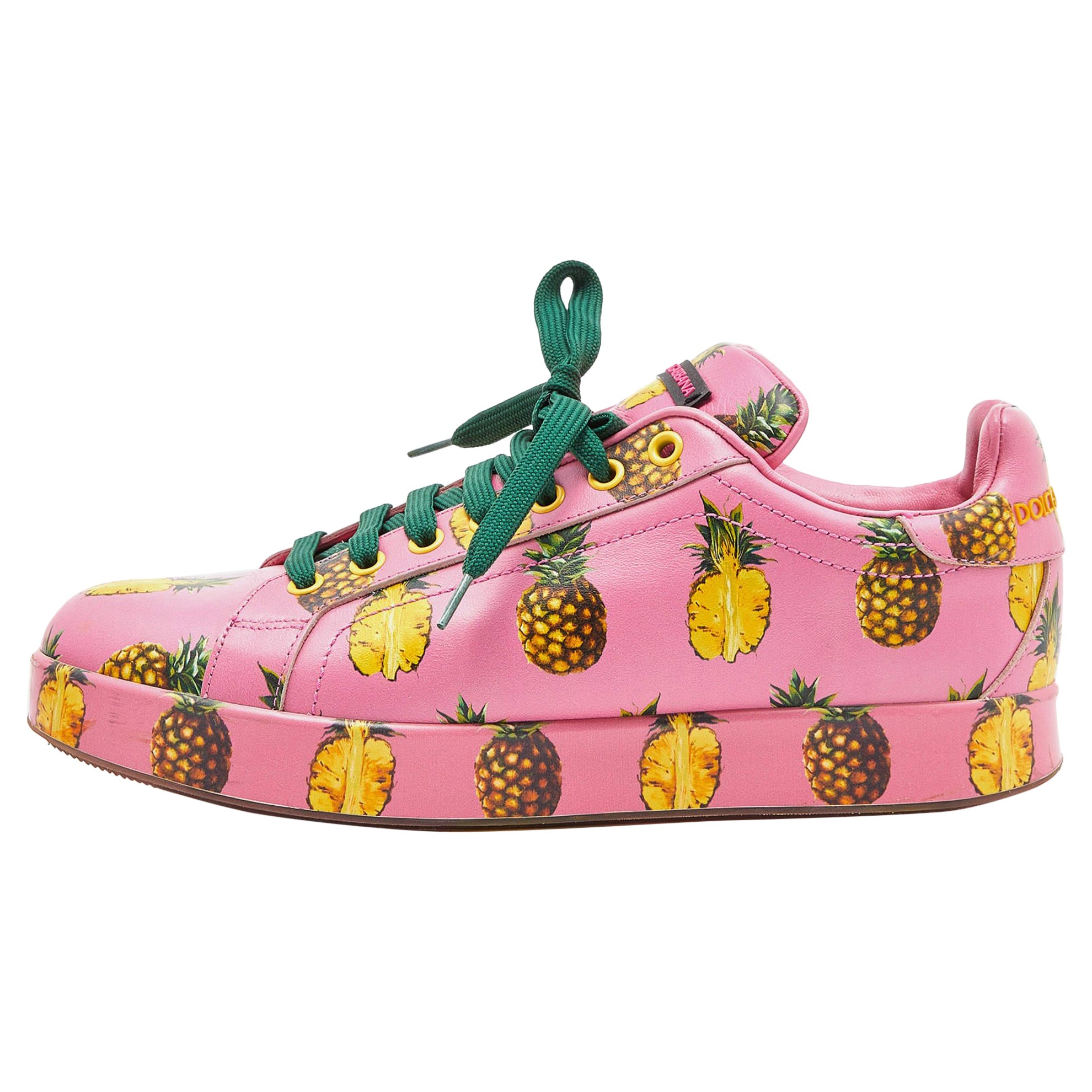 Baskets basses en cuir rose imprimé ananas Dolce & Gabbana, Taille 40