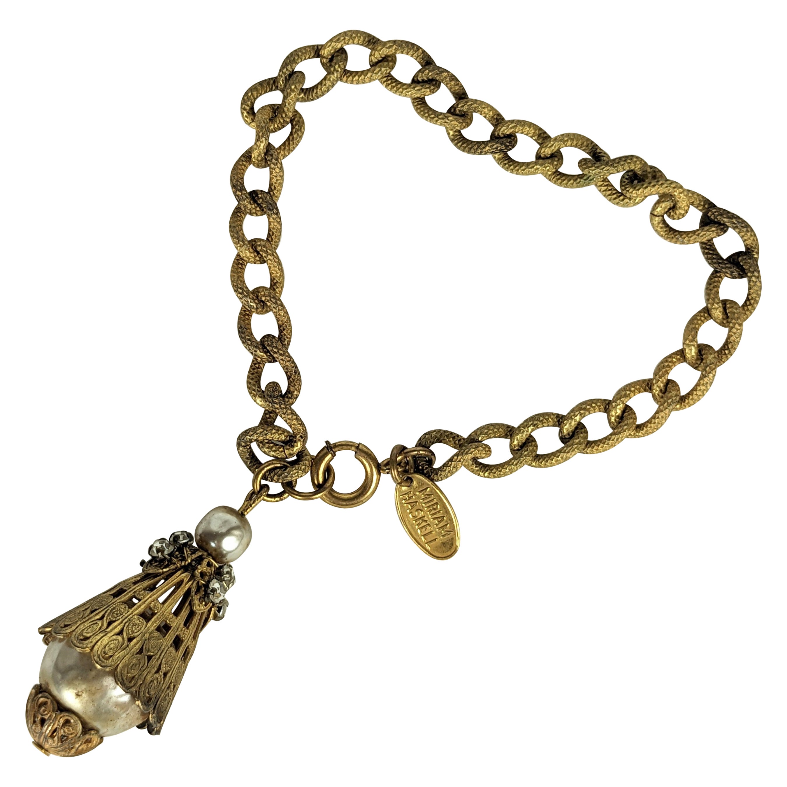 Miriam Haskell Pearl and Gilt Filigree Fob Bracelet For Sale