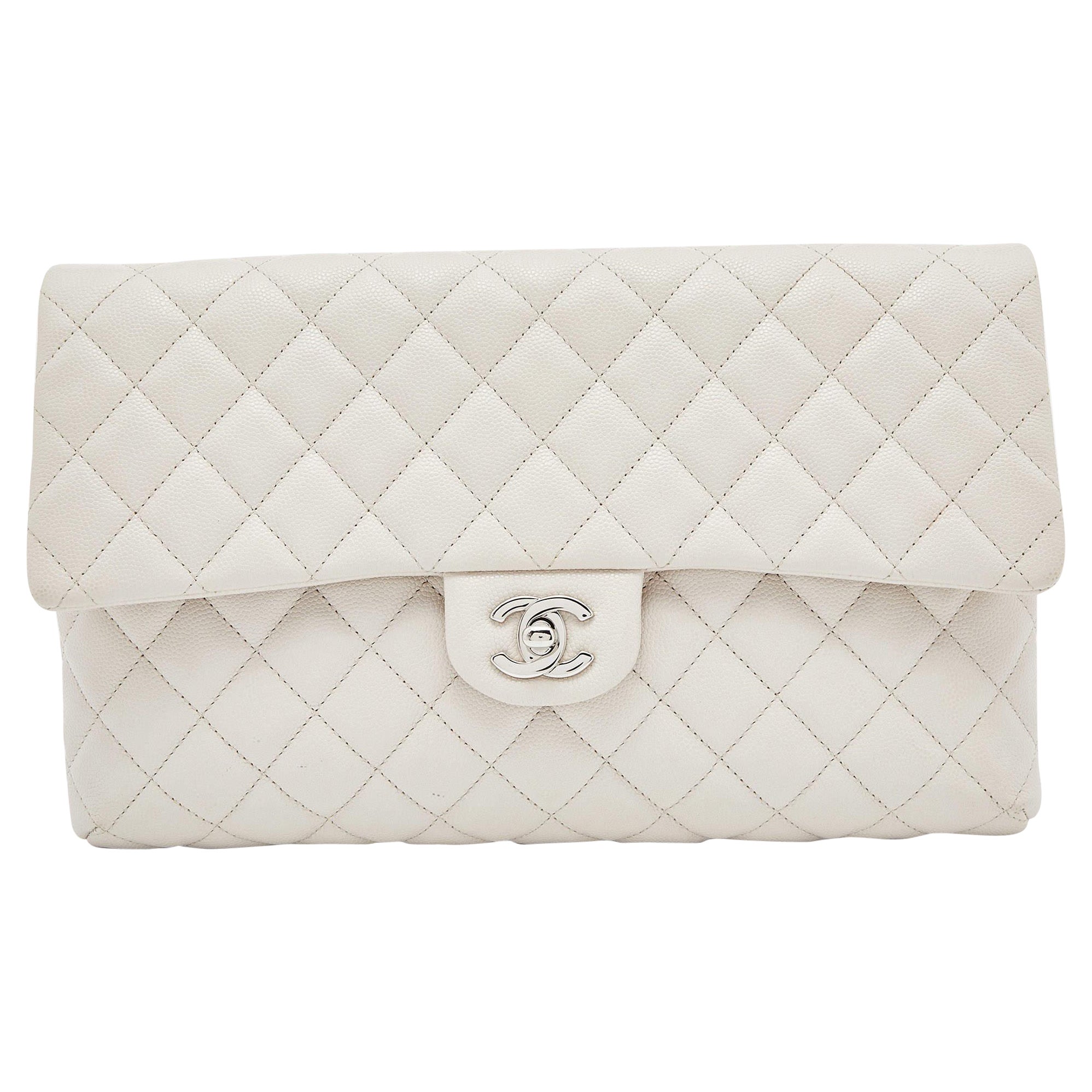 Chanel Off White Quilted Caviar Leather Flap Clutch