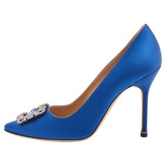 Used Manolo Blahnik Blue Satin Hangisi Pumps Size 39.5