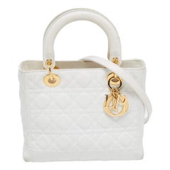 Dior White Lambskin Leather Medium Lady Dior Tote Bag