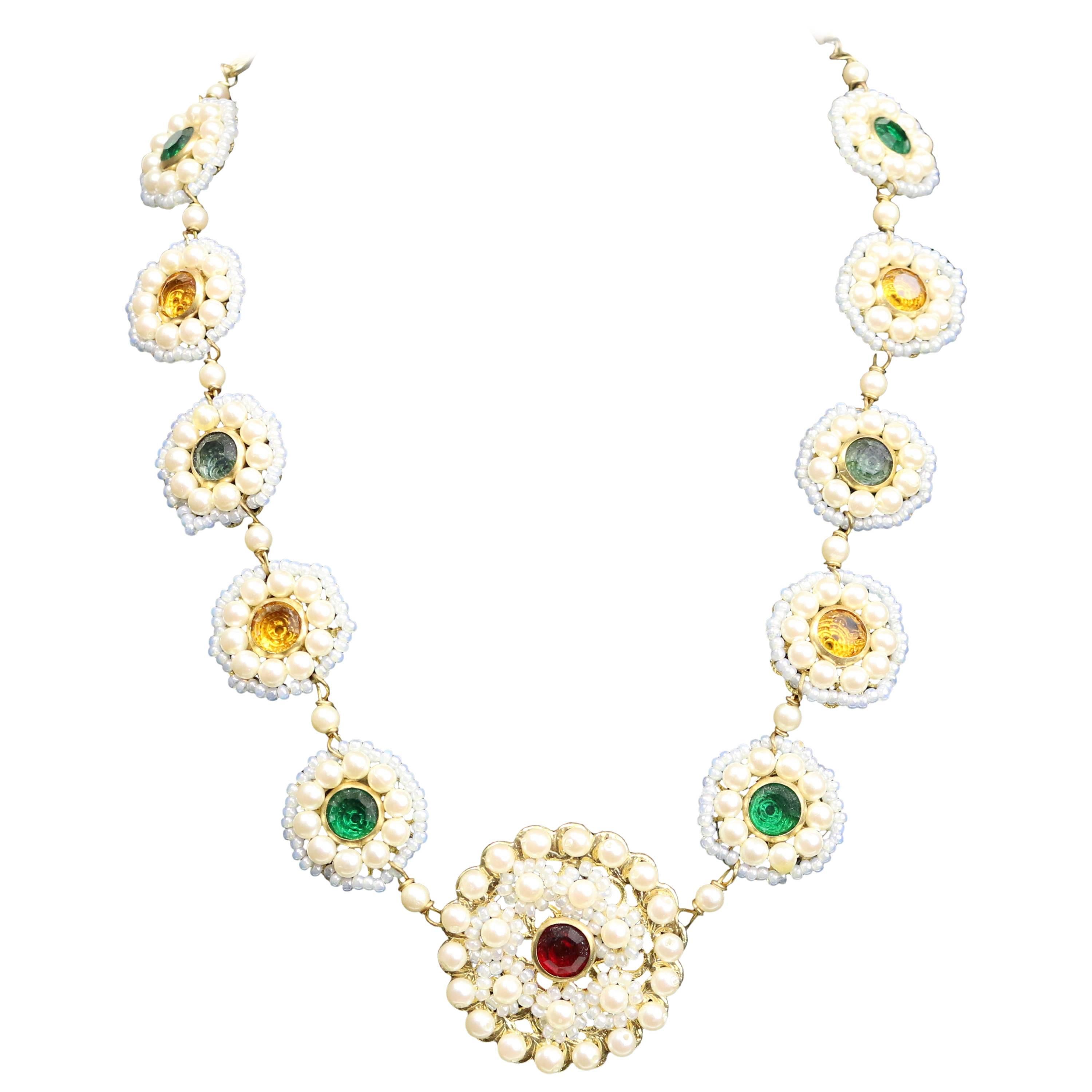 Sharra Pagano Pearl Beaded Gold Toned with Colours Rhinestones Necklace  For Sale