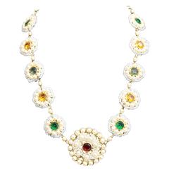 Sharra Pagano Pearl Beaded Gold Toned with Colours Rhinestones Necklace 