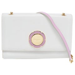 Salvatore Ferragamo White Leather Floral Logo Chain Clutch