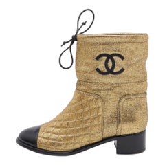 Chanel Gold Leather Quilted CC Logo Ankle Boots Size 38.5