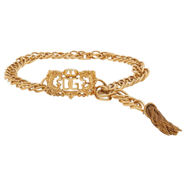 Dolce and Gabbana Logo Buckle Gold Tone Chain Belt For Sale at 1stDibs