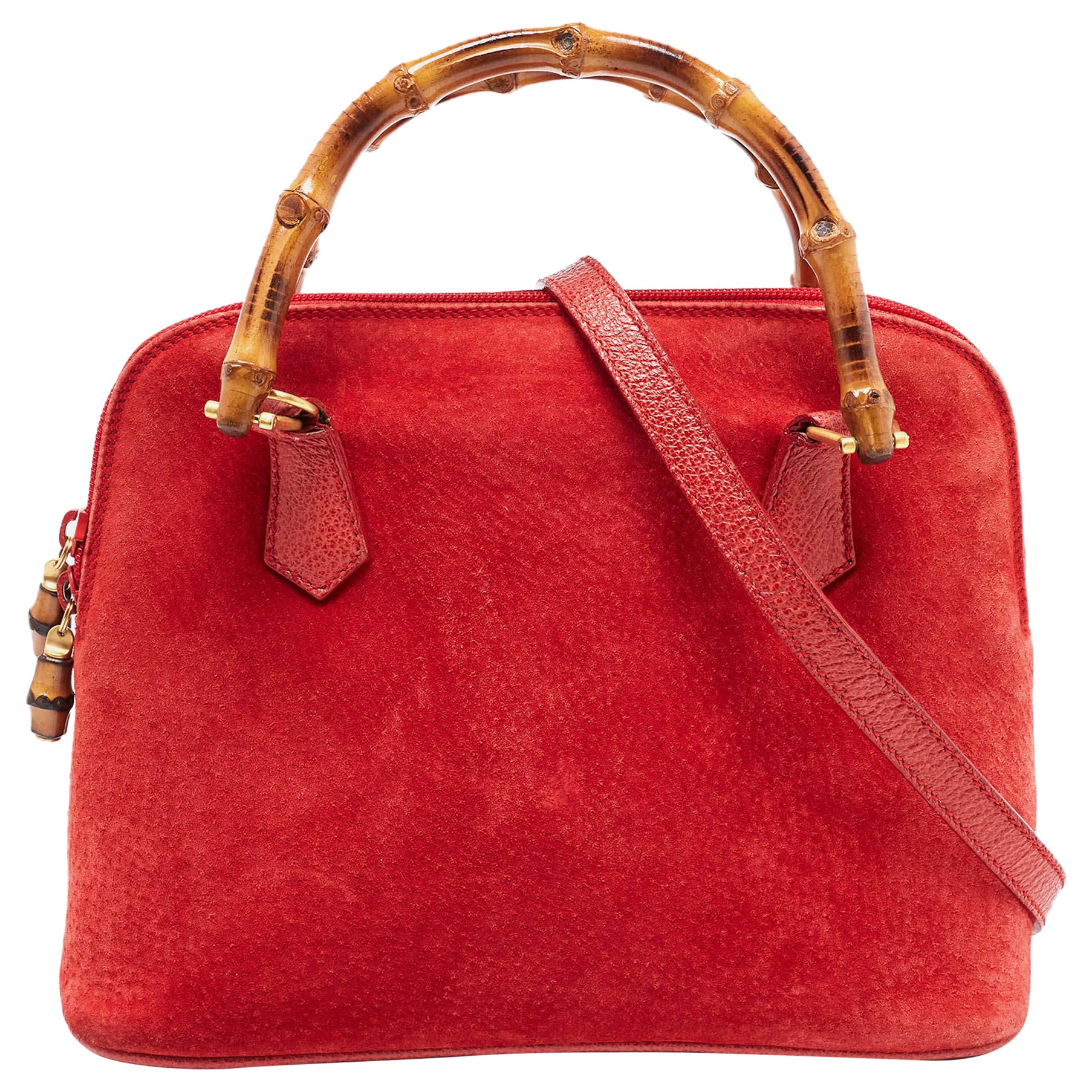 Gucci Red Suede and Leather Bamboo Handle Satchel