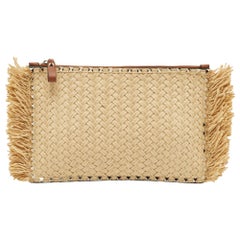 Valentino Brown/Natural Raffia and Leather Rockstud Zip Pouch