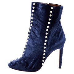 Aquazzura Navy Blue Velvet Follie Pearls Ankle Boots Size 39.5