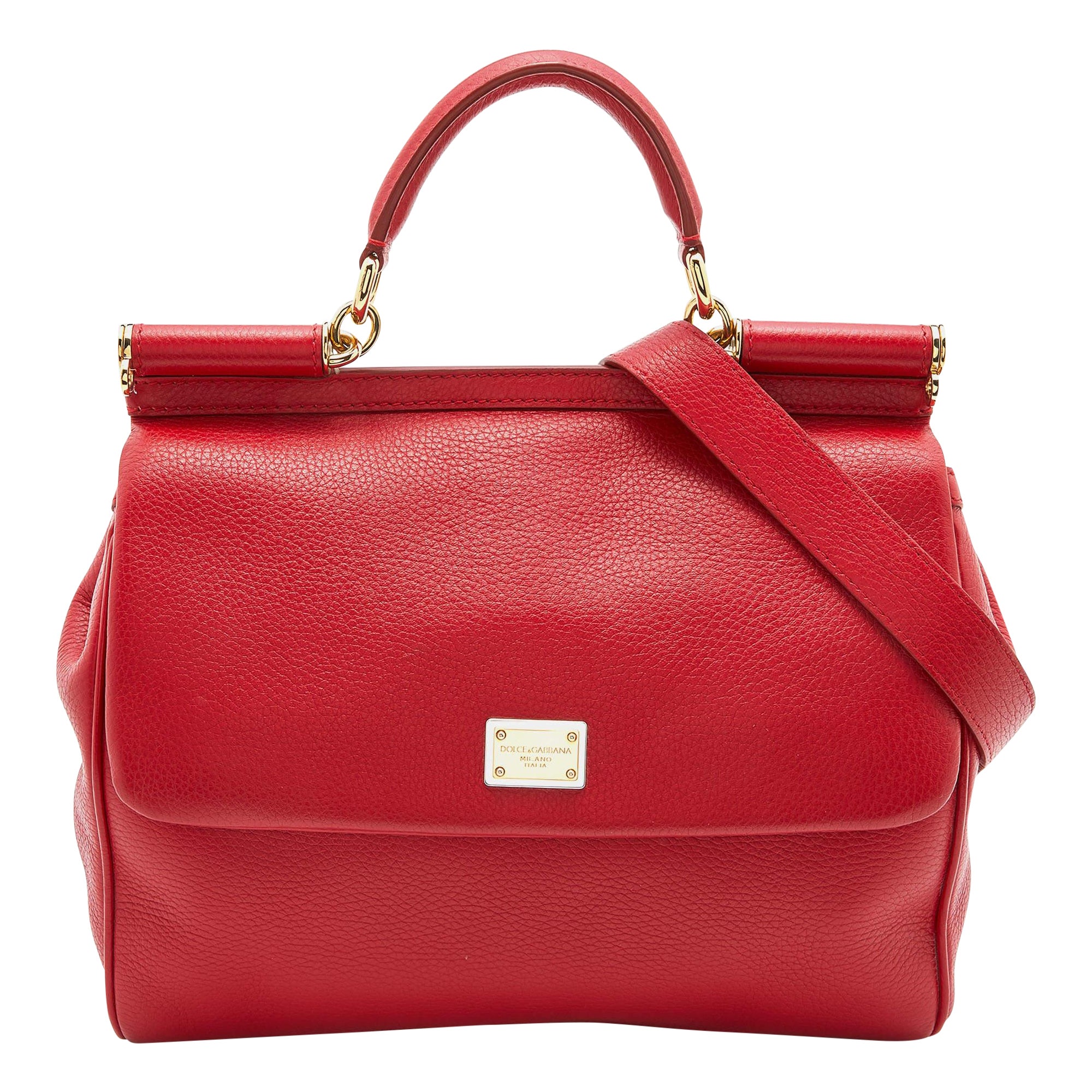 Dolce and Gabbana Red Leather Miss Sicily Top Handle Bag For Sale