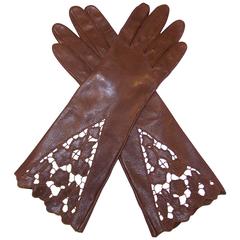 Vintage 1950's Chocolate Brown Leather Gauntlet Style Gloves With Embroidered Cut Work