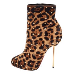 Christian Louboutin Brown Leopard Print Pony Hair Big Lips Spiked Ankle Boots Si