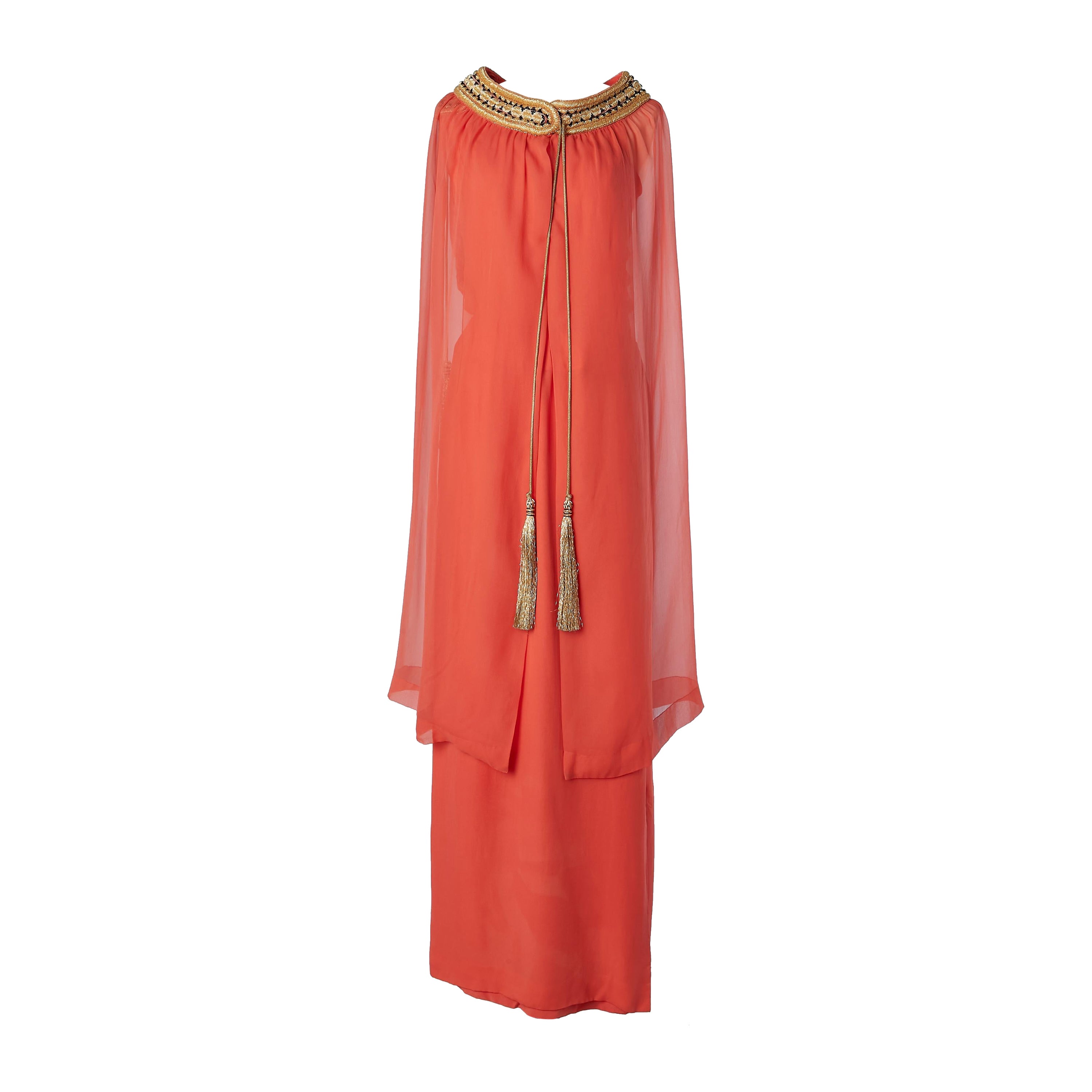 Corail silk chiffon evening dress with cape and beadwork Givenchy Reproduction For Sale