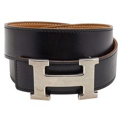 Hermes Black/Gold Box/Togo Leather H Buckle Reversible Belt 90CM