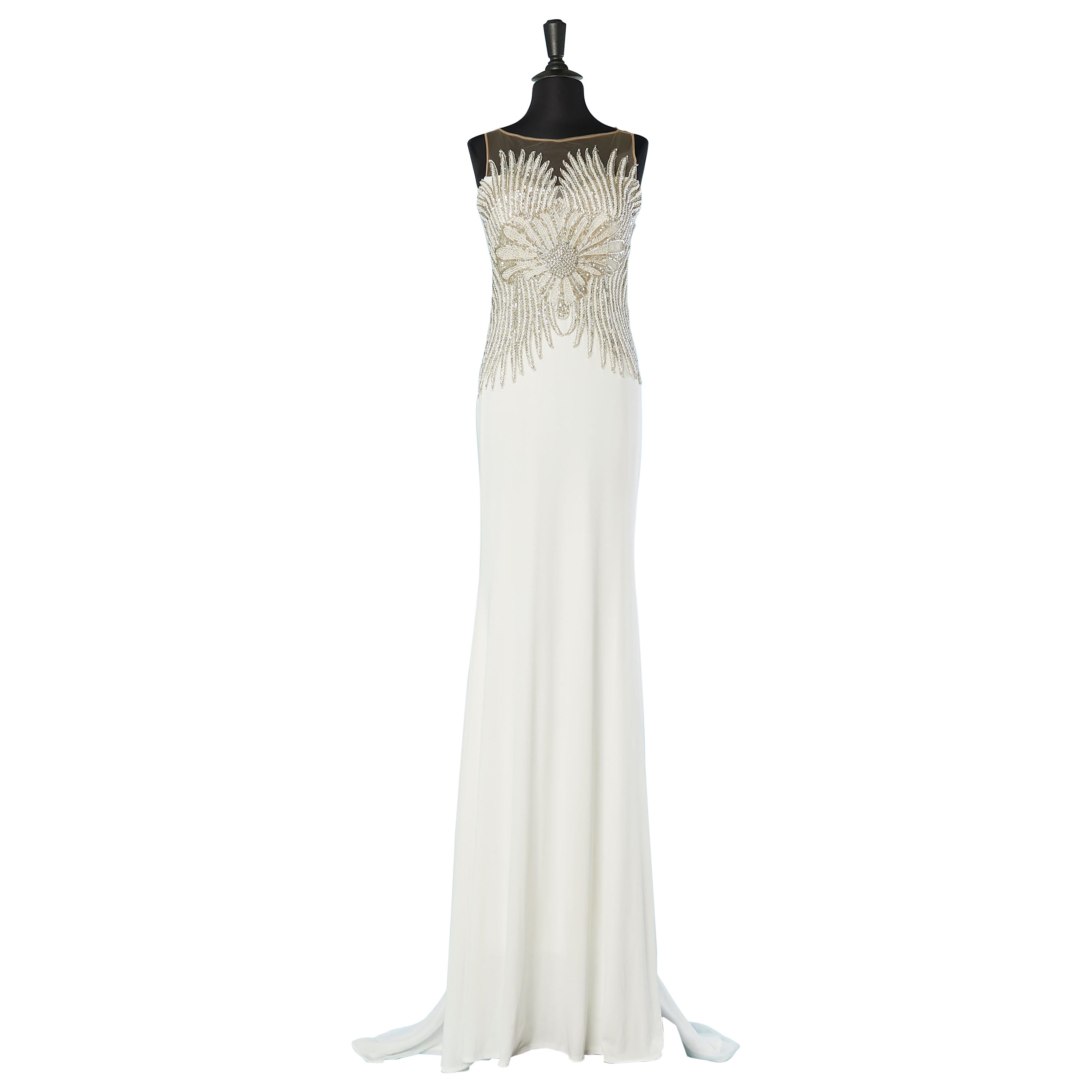 White jersey evening drag-gown with beadwork Gai Mattiolo Red Carpet NEW For Sale