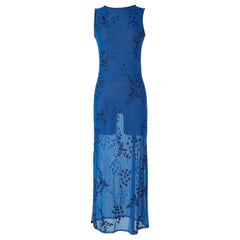 Blaues durchbrochenes Tüll-Abendkleid mit schwarzen Perlen Krizia NEU