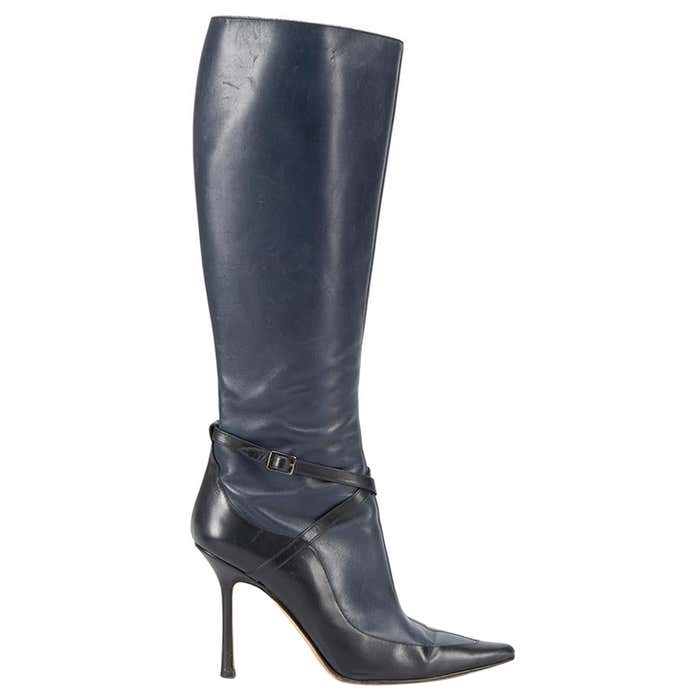 Navy Leather Panelled Knee Boots Size IT 39.5 For Sale at 1stDibs