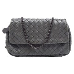 Bottega Veneta Grey Intrecciato Leather Flap Chain Crossbody Bag