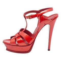 Saint Laurent Red Patent Leather Tribute Ankle Strap Sandals Size 41